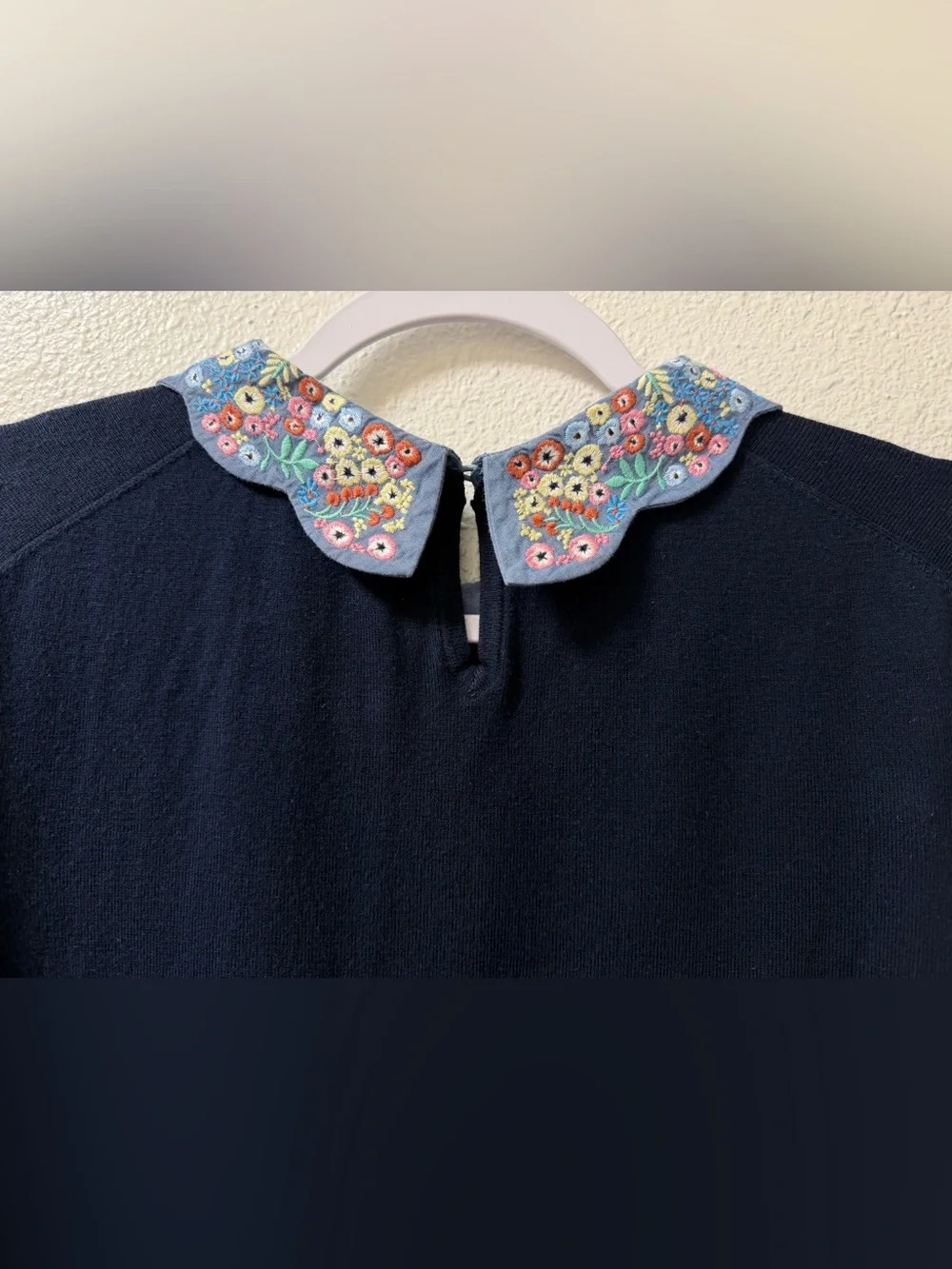 Boden Colette Sweater Floral Embroidered Scalloped Collar Stretch Blue Womens XL - Picture 7 of 9